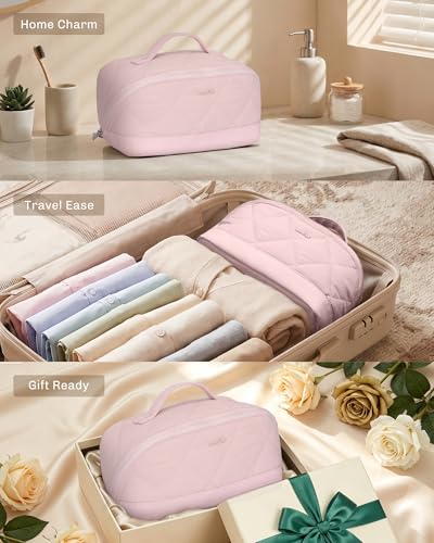 Image of Hynes Eagle Travel Makeup Bag for Women Puffy Cosmetic Organizer Pouch Open Flat Toiletry Bag for Toiletries Brushes Structured Base Light Pink