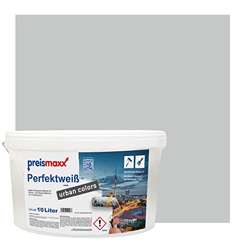 Preismaxx Perfektweiß Wandfarbe grau matt 10L - Innenwandfarbe für kreative Wandgestaltung, Innenfarbe steingrau, hohe Deckkraft Klasse 2, Trendfarbe für Wohnzimmer, bunte Akzentfarbe