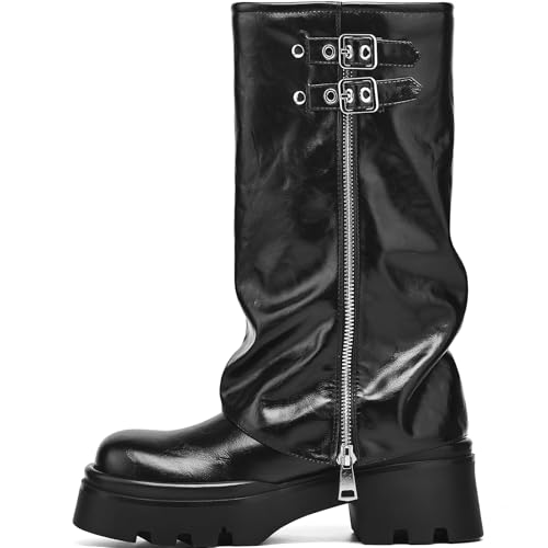 Women's Knee High Riding Boots Chunky Low Heel Round Toe Moto Boots Slouchy Fold Over Motorcycle Biker Boots for Women with Buckle2