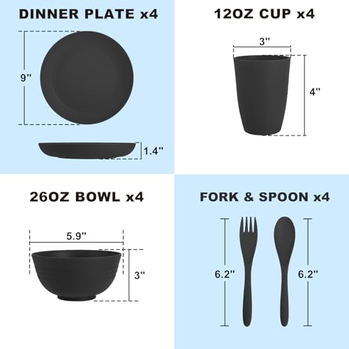 Image of Wheat Straw Dinnerware Sets, Unbreakable Kids Plates and Bowls Sets 20-Piece Service for 4, Alternative Plastic Outdoor Camping Dishes, Microwave & Dishwasher Safe - Black