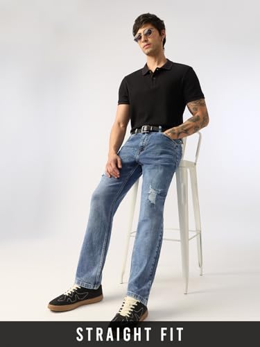 Image of The Souled Store Straight-Fit Denim: Men and Boys Cotton Blend Straight Fit Cargo Pockets Lightweight Everyday All-Season Denim Jeans