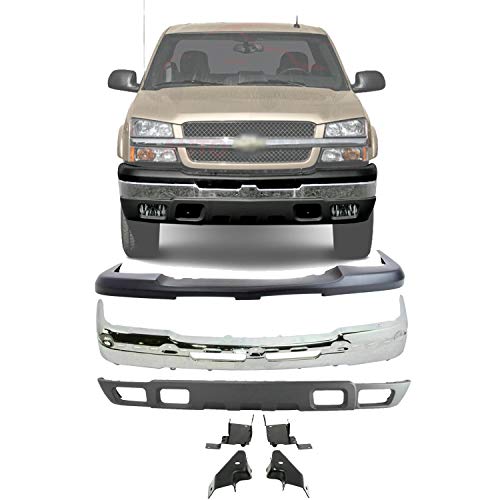 New Front Bumper Chrome Steel + Upper Cover & Lower Valance Textured + Brackets Left Driver & Right Passenger Side For 2003-2006 Chevrolet Silverado 1500 Direct Replacement 15139805 19150310 10397999