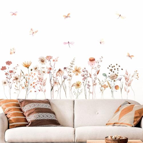 milaosk Wandtattoo Blumen Boho Wandsticker Wildblumen Schmetterlinge Libellen Wandbilder Tattoos Wandaufkleber für Schlafzimmer Wohnzimmer Sofa Hintergrund Kinderzimmer Möbel Wanddeko