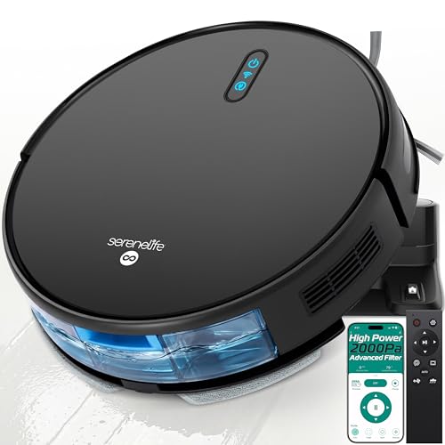 SereneLife Smart Robot Vacuum Cleaner and Mop Combo, Pro Edition with Upgraded Battery, Extreme Suction, Internal Water Tank - App Control, Ideal for Pet Hair, Carpet and Hard Floors, Black