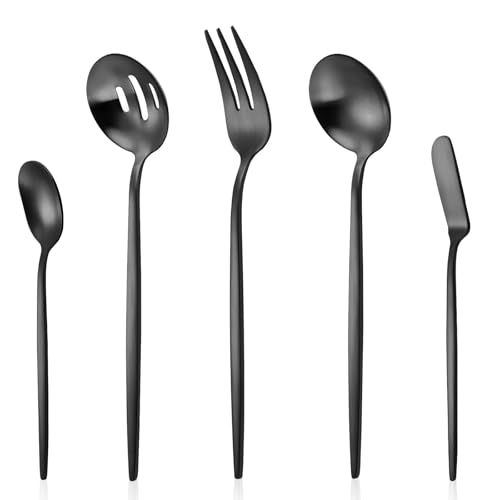 Serving Utensils Set,LAZAHOME Matte Black 5-Piece Hostess Set,Black Silverware Set,Food-Grade Stainless Steel Tableware Cutlery Set,Serving Set for Dinner Parties Entertaining,Dishwasher Safe