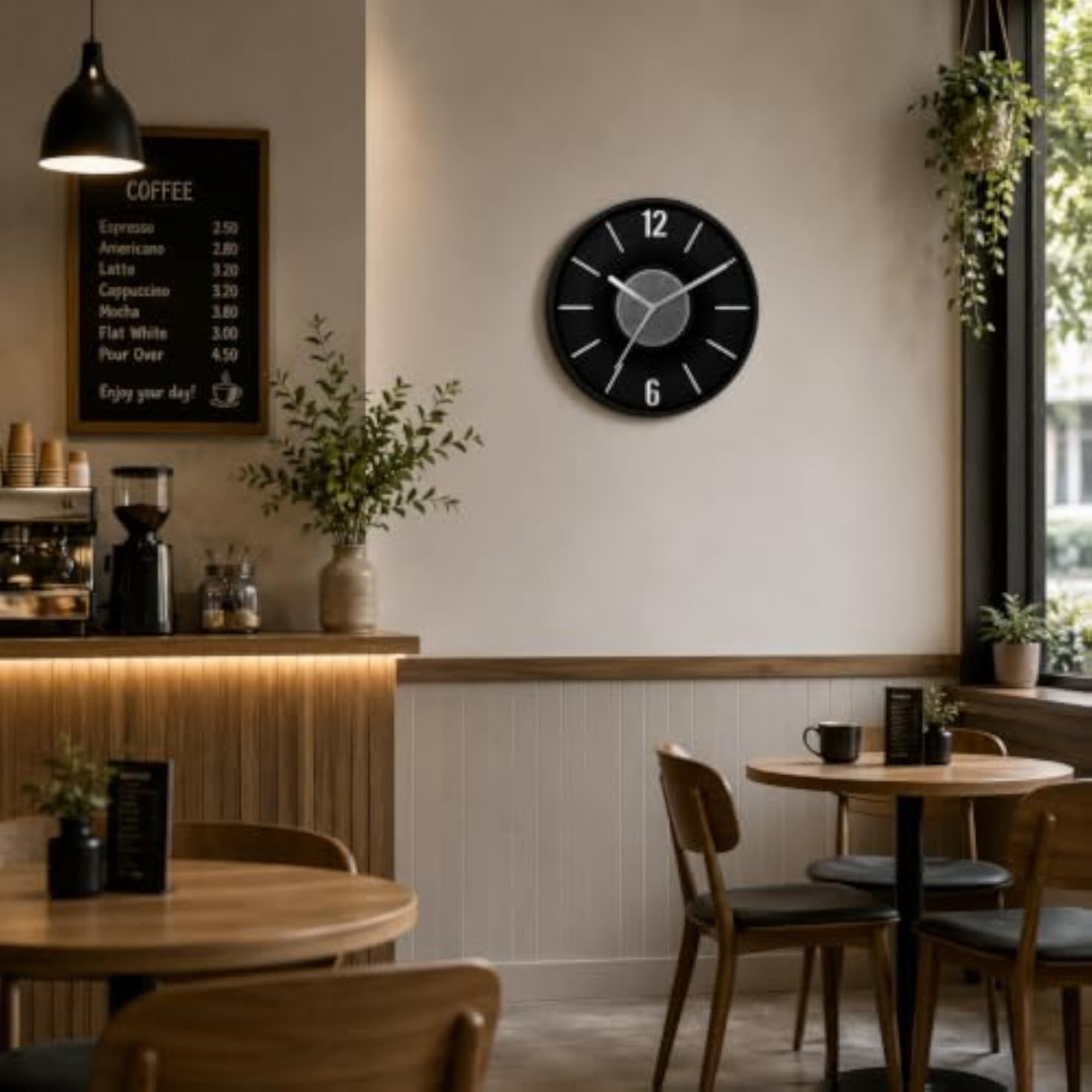 Modern 12x12 Inch Analog Wall Clock, Black & Silver