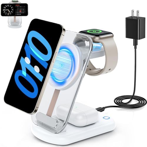 2025 Traveling Wireless Mag-Safe Fast Charging Station,Magnetic 3 in 1 Charger with Light for iPhone 17 16 15 14 13 12 Pro Max Plus,Apple Watch& Air pods 4 3 2 Pro-Gifts for Wife & Husband(White)