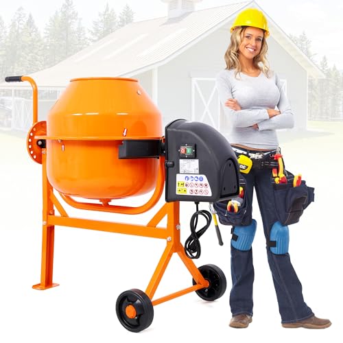 WORVISTA 3.0 Cu. Ft Electric Cement Mixer, 220W 1/3 HP Portable Concrete Mixer with Wheels and Stand, Heavy Concrete Mud Mixer Tools, Adjustable Tilt for Mortar Stucco Seeds and Fodder, Orange