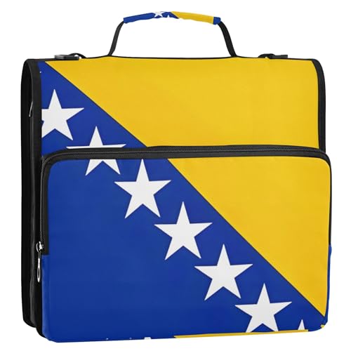 Ordner mit Bosnien-Herzegowina-Flagge, 3,8 cm, 3 Ringe, robuster Reißverschluss, Ordnertasche mit Schultergurt, Portfolio und Etui, Ringordnerhalter