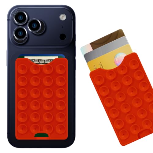 CukoHno Suction Phone Card Holder Adhesive Mount,Up to 3 Cards,Ketchup Red