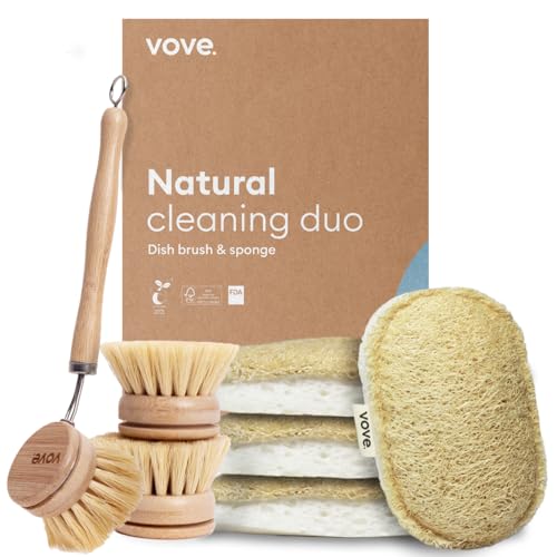 Vove Natural Cleaning Duo | Bamboo Dish Brush with 2 Replacement Heads & 4 Loofah Sponges | Eco-friendly Kitchen Bundle | Plastic-Free Cleaning Set | Premium cleaning power | Natural Bristle
