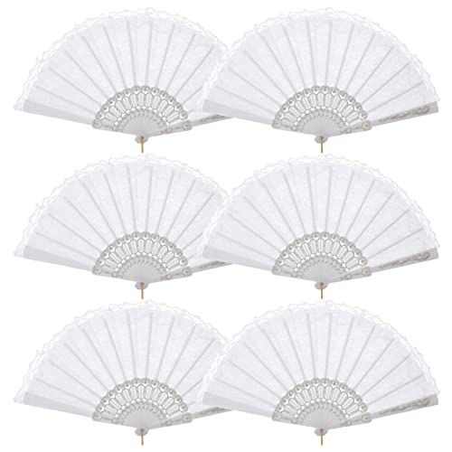 BABEYOND 6pcs White Lace Folding Hand Fan Handheld Folding Fan Fabric Folding Fan for Wedding Dancing Party Favor Wall Decoration