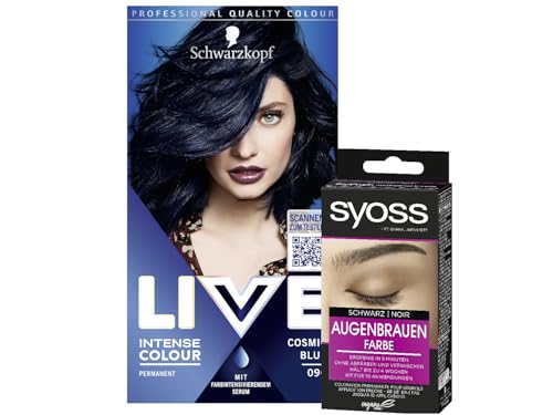 Schwarzkopf LIVE Intense Colour Haarfarbe 90 Cosmic Blue (142 ml), dauerhafte Coloration mit farbintensivierendem Serum & Syoss Augenbrauen Kit Augenbrauenfarbe 1–1 Schwarz Stufe 3 (17 ml)