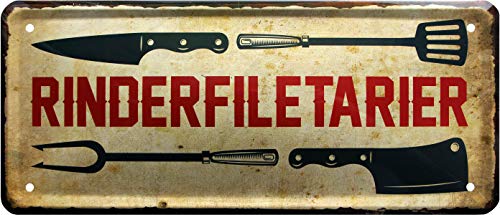 WOGEKA ART Retro Blechschild - Rinderfiletarier Fleischer Metzger Griller - witziger Spruch als Geschenk-Idee Geburtstag Weihnachten Dekoration 28x12 cm Vintage-Design Metall 1389