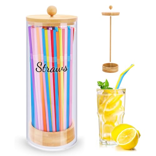 JYPS 10-Inch Acrylic Straw Dispenser with Bamboo Lid stickers, with 100 Colorful Straws, Transparent Counter Container Countertop Organizer for Kitchen, Office,Cabinet Storage, Holds Pencils, Cutlery