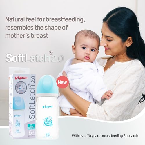 Image of Pigeon Softlatch 2.0 Wide Neck Feeding Bottle 240ML | Baby Milk Bottle for 6 Months to 3 Years | BPA-Free, Anti-Colic, Nipple Collapse-Resistant | Feeding Bottle for Kids & Toddlers (Blue Hood)