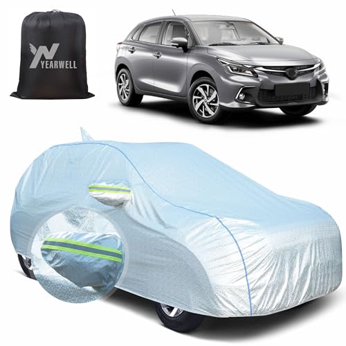 Image of Car Body Cover for Toyota Glanza New, 100% Waterproof, Heat-Resistant with Mirror & Antenna Pockets, Soft Cotton Lining, Triple Stitched, Piping & Reflector (Reflective Silver)