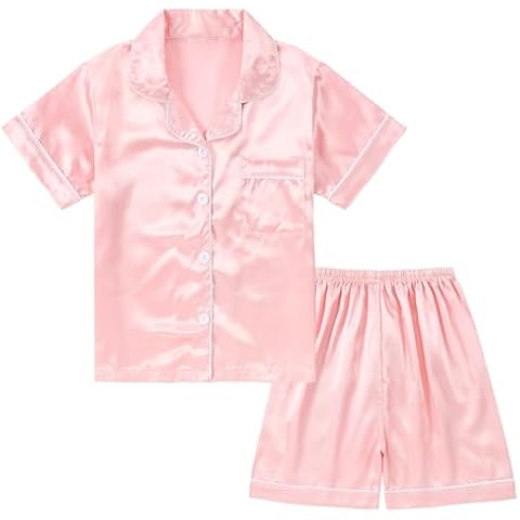 DIPUG Girls Pajamas Satin Pajama Set Silk Pjs Short Sleeve Sleepwear(Pink) Cover