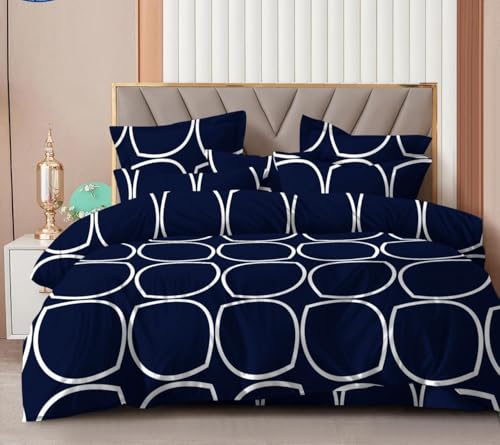 Image of KAWI Cotton Blend Elastic Fitted Bedsheet Queen Size Double Bed (78 inchX 72 inch) - Navy Blue Circle Print