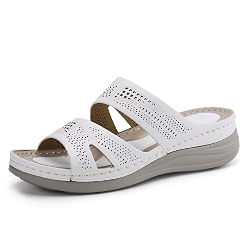 Starmerx Womens Slide Sandals Comfort Wedge Open Toe Platform Sandals Slip On Cushion Slippers Shoes (6,White) #TOP28