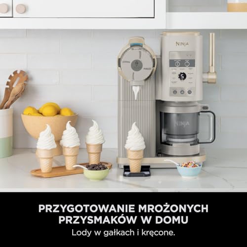Ninja CREAMi Scoop and Swirl Maszyna do lodów z 2 pojemnikami, 13 funkcji, przygotowuje lody, lody włoskie, gelato, koktajle mleczne i inne desery, opcja dodatków, kamienne złoto, NC701EUSTGD
