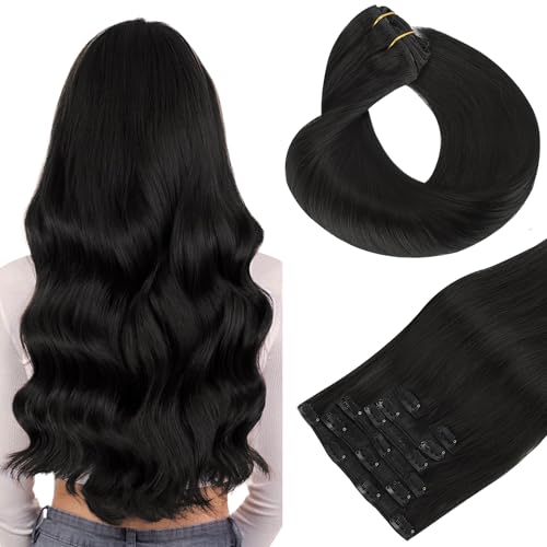HOTBANANA Human Hair Clip in Hair Extensions, Natural Black 120g