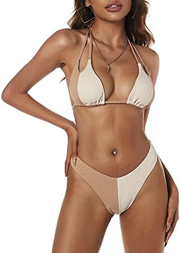 ZAFUL Women's Dot Print High Cut Cross Triangle Bikini Set Two Piece Swimwear (0-Light Coffee, M)