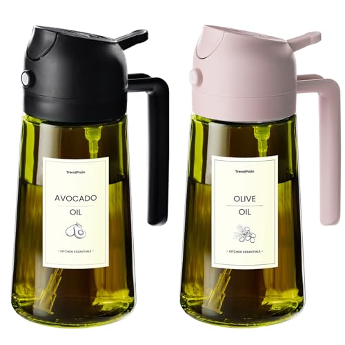 TrendPlain 470ml オイルスプレー 料理用 - 遮光・貼付けシール付き 2イン1 スプレーボトル＆ディスペンサー 油スプレー ブラック＆クォーツ