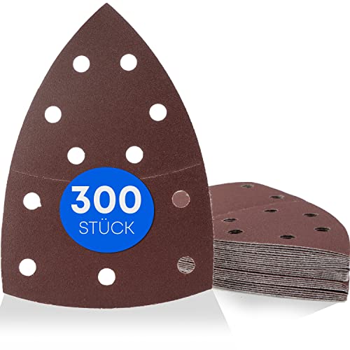 Lot de 300 triangles abrasifs Prio / 11 trous / 105 x 152 mm / 50 x grain 40-60 - 80-120 - 180-240 / pour ponceuse multi / feuilles abrasives / disques abrasifs triangulaires / papier abrasif