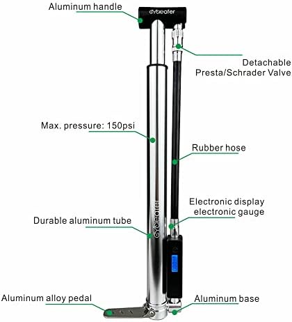 Cycleafer® Mini Portable Floor Pump, High Volume & Pressure with Electronic Digital Pressure Gauge.