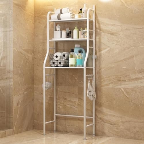 3 Tier Over Toilet Storage Organizer, Metal Bathroom Shelves with Removable Towel Hooks & Paper Holder, Space Saving Over Toilet Rack for Restroom, Laundry, Bathroom Organization, White — view 3