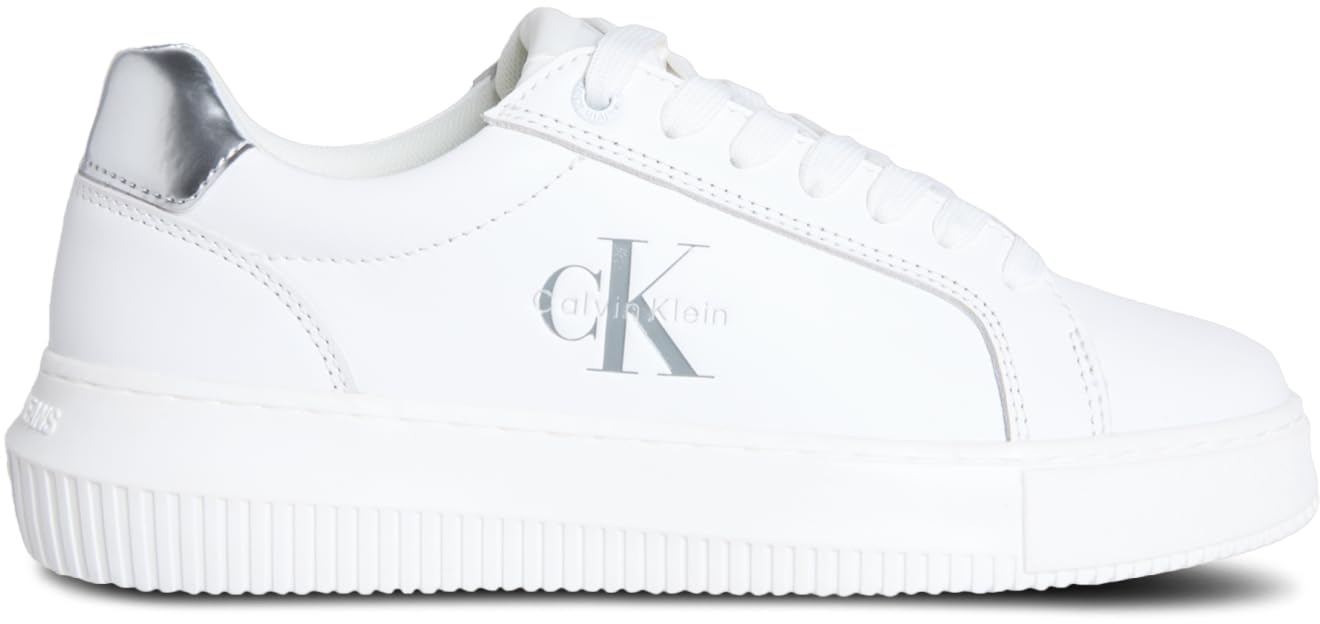 Calvin Klein Women’s Chunky Silver Leather Cupsole Trainers, White (Bright White/Silver), 7