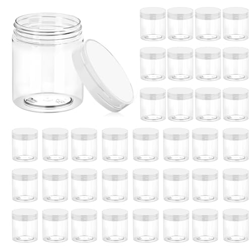 Eternal Moment 36 Pack 8 OZ Plastic Jars Round Clear Cosmetic Container Jars with Clear Lids Perfect for Lotion SlimeCream Ointments Makeup Eye Shadow Samples Pot Travel Storage