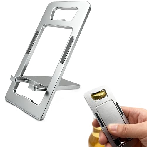 JYWYBF Durable Aluminum Phone Holder with Bottle Opener, Flat iPhone Stand for Desk, Cell Phone Stand for Travel Essentials & Office Accessories (Silver)