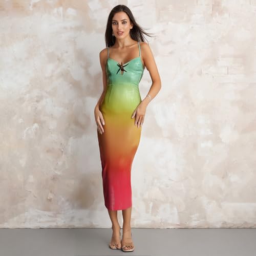 Image of Owl's-Yard Women Sexy Maxi Dress Y2K Spaghetti Strap Floral Print Low Cut Backless Slim Fit Sequins Long Cocktail Dress