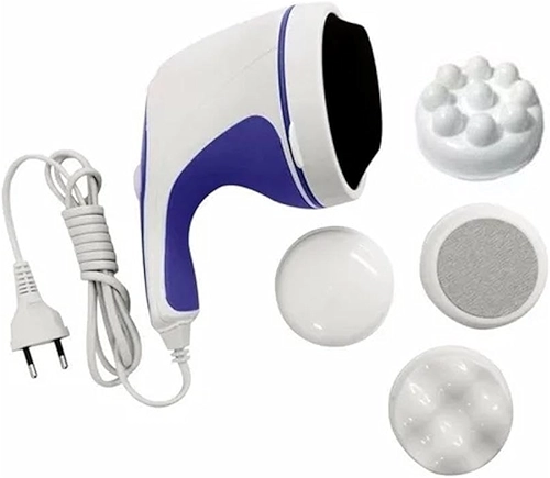 Massageador Elétrico Portátil, 4 Acessórios, 2500 RPM, Roxo e Branco, 220V, Para Drenagem Linfática e Relaxamento Muscular