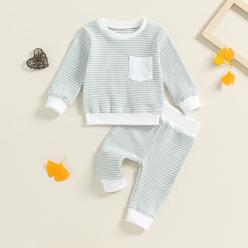 Baby Boy Toddler Fall Outfit Striped Sweatshirt Toddler Boy Winter Waffle Clothes 3 6 12 18 Months 2 3 T Pant Set2