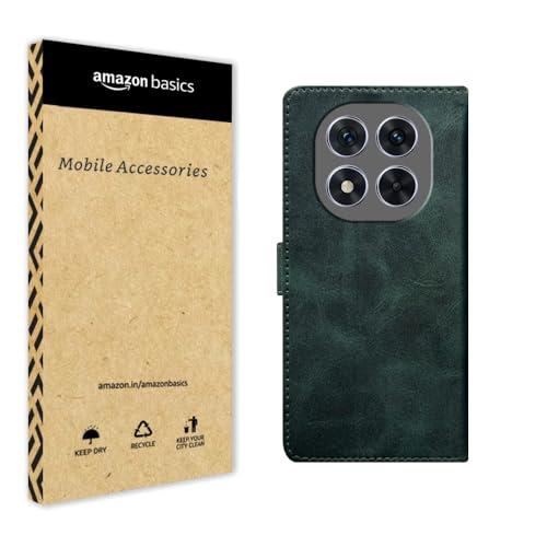 Image of amazon basics Flip Cover Back Case for Redmi Note 14 Pro 5G | Genuine Leather Finish | Designer Button | Inbuilt Pockets & Stand | Flip Back Case (Button Green)