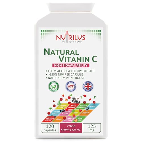 Nutrilus Natural Vitamin C Capsules from Acerola Cherry 500mg Extract - High Bioavailability Supplement - not Ascorbic Acid - Fruit and Herbs Extracts - not Tablets (120 Capsules)