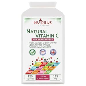 Nutrilus Natural Vitamin C Capsules from Acerola Cherry 500mg Extract – High Bioavailability Supplement – not Ascorbic Acid – Fruit and Herbs Extracts – not Tablets (120 Capsules)