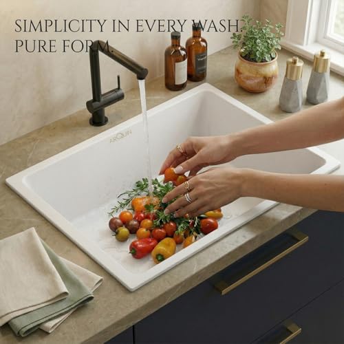 Image of ARQUIN Quartz Kitchen Sink 24x18x9 Inch White | Single Bowl Sink | Durable & Scratch-Resistant | Undermount /Topmount Including Coupling, Waste Pipe & Fruit Washing Basket