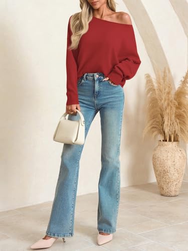 Image of Saodimallsu Womens Off The Shoulder Sweater Boat Neck Batwing Sleeve Knit Pullover 2025 Cute Casual Trendy Jumper Tops