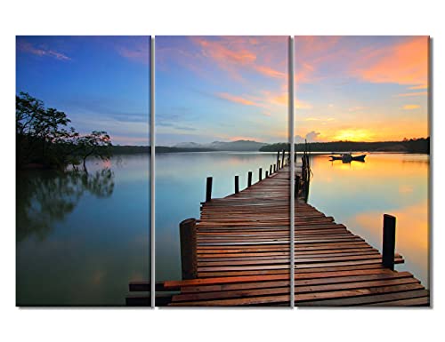 3 Panels Bridge Wall Art - Beautiful and Amazing Sunset at The Lake Landscape Pictures for Living Room Nature Scenery Framed Painting for Bedroom Office Stretched Ready to Hang, 42" Wx28 H