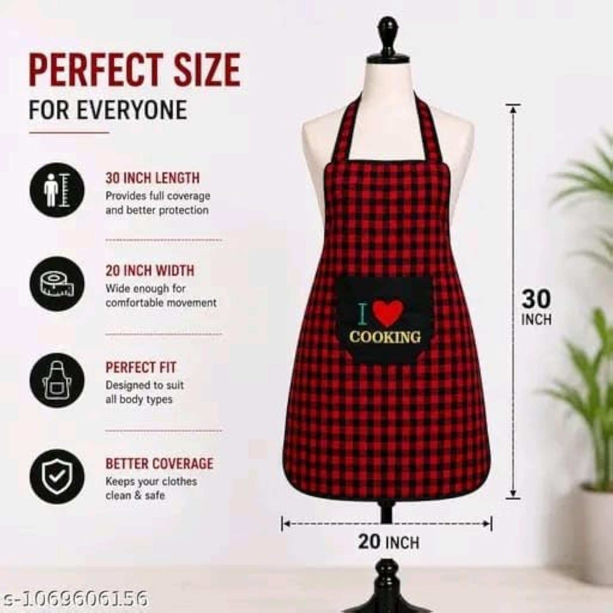 Checkered Kitchen Apron with Pocket, Pack of 2, Black & Red