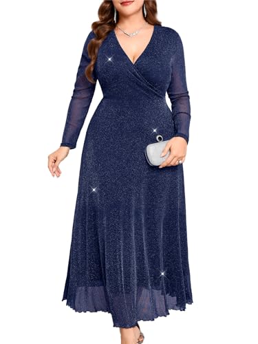 ZOMVA Glitzerndes Maxikleid in Übergröße, V-Ausschnitt, Wickelkleid, lange Ärmel, A-Linie, Glitzer-Netzkleid, Hochzeit, Gast, Cocktailabend,...
