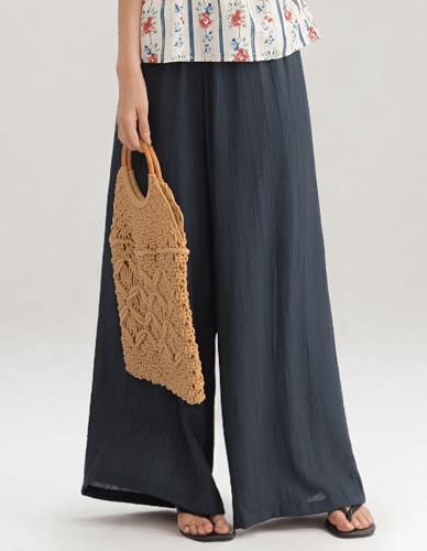 Women's Casual Loose Pants Spring Summer Long Texture Beach Lounge Palazzo Elastic Waist Wide Leg Trousers3