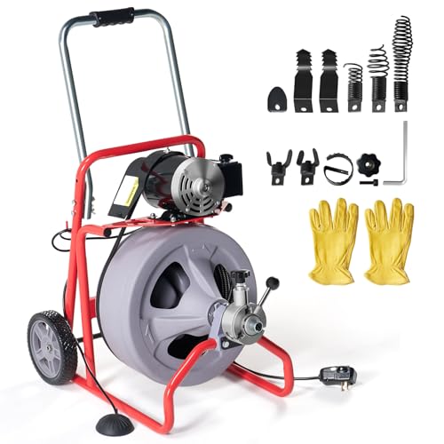 Albott 100 FT x 3/8 inch Electric Drain Cleaner Machine with Auto-Feed & 9 Cutters, Sewer Snake Auger for 1–4 Inch Pipes, Foot Switch & Wheels, Ideal for Home & Commercial Use, Grey/Red
