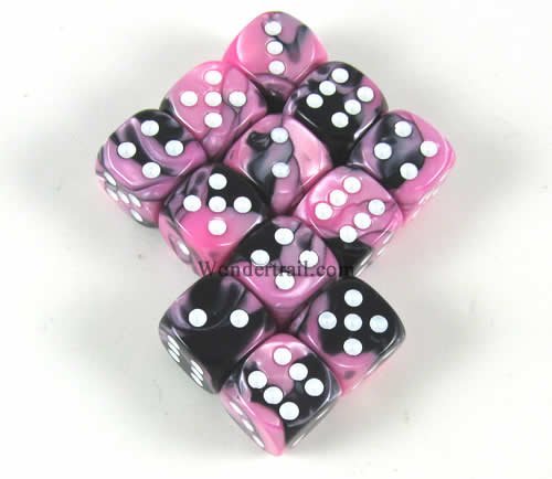 Image of Pink Black Gemini with White Pips 12mm D6 Dice Set of 12 Wondertrail WCX26830E12