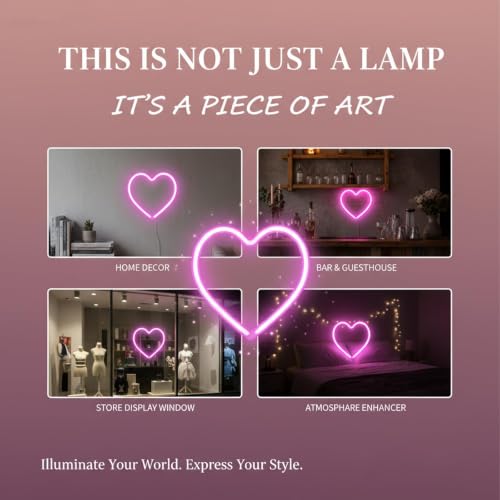 Image of Teafasty Pink Heart Neon Sign LED Light USB Battery Powered Room Decor | Dual power design, soft pink glow, wall mount or tabletop display for bedrooms, parties, weddings and festive occasions