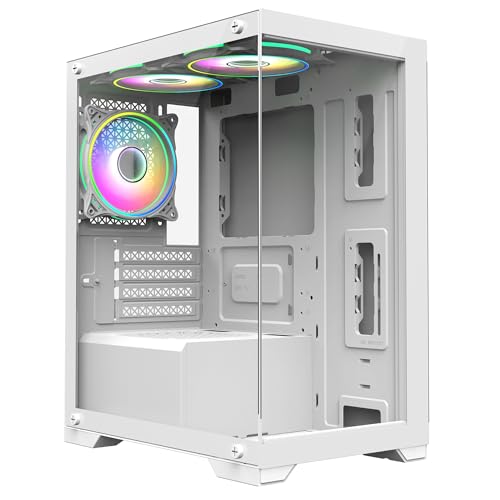 CiT Range White Dual Tempered Glass Panelling Micro-ATX PC Gaming Case with 6-Port PWM Fan Controller and 3 x CiT Tornado Infinity 120mm ARGB Dual-Ring Fans Included